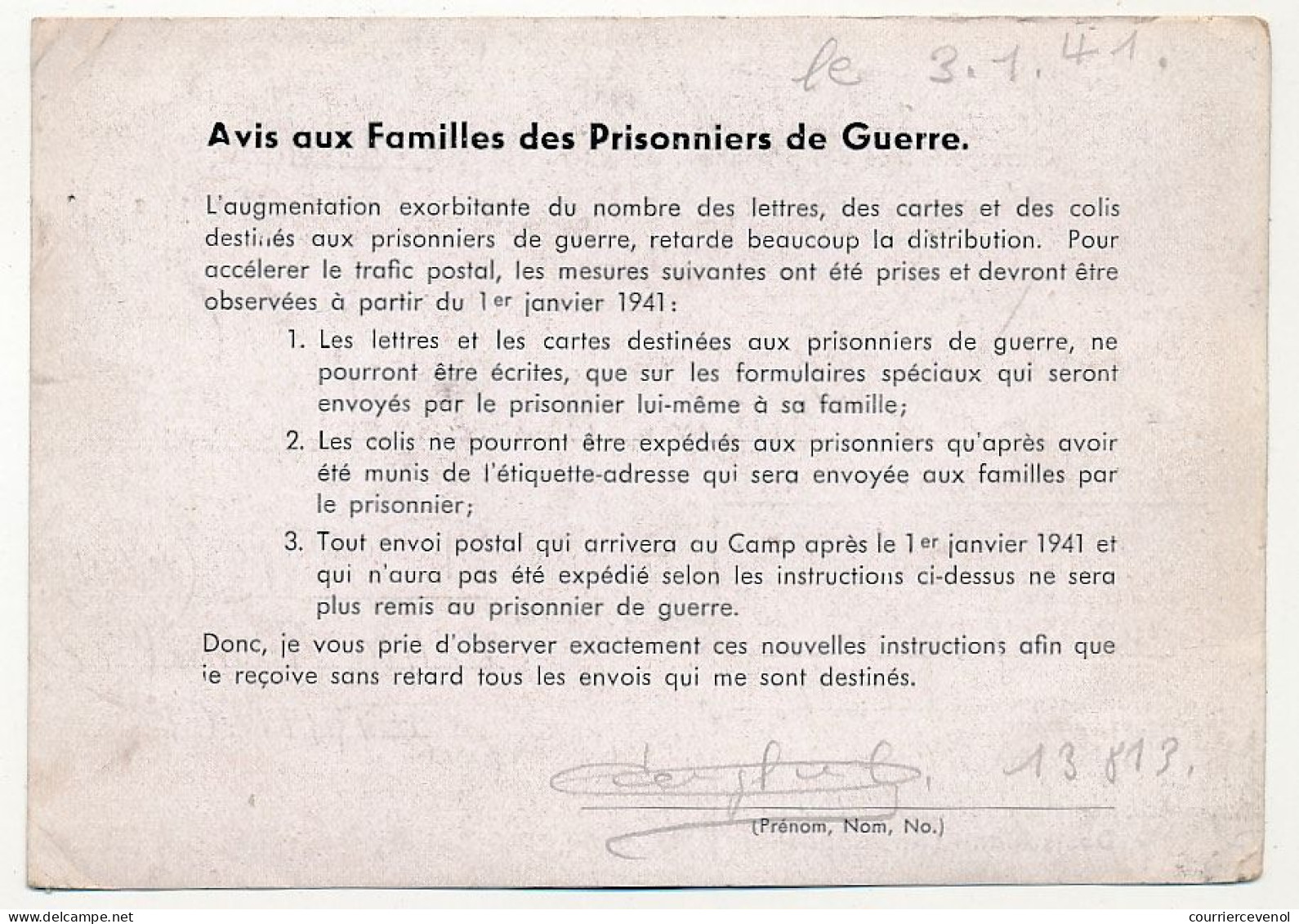 Carte Postale Avec Censure Rouge 24 Stalag IX C - 11/1/1941 - Avis Aux Familles Des Prisonniers De Guerre - Guerre De 1939-45