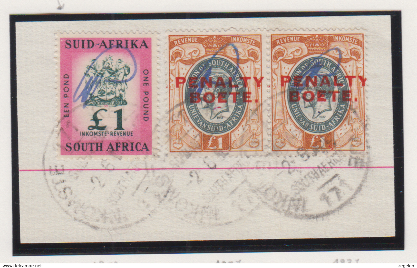 Zuid-Afrika Fiskale Zegel(revenue) Cat. J Barefoot: Boetezegel/Penalty 2x24(jaar 1937) + Revenue 102(jaar 1952) Fragment - Other & Unclassified