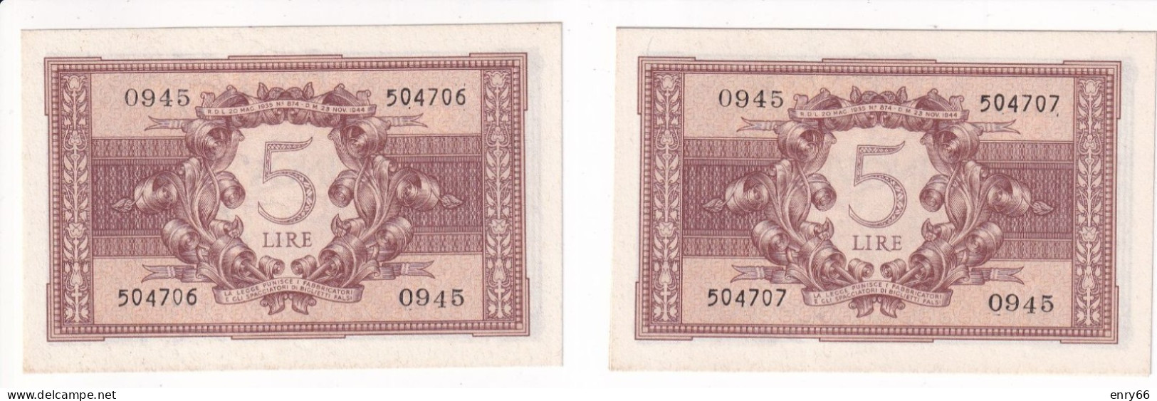 ITALIA 5 LIRE 23-11-1944 CAT.14C CONSECUTIVE - Italia – 5 Lire