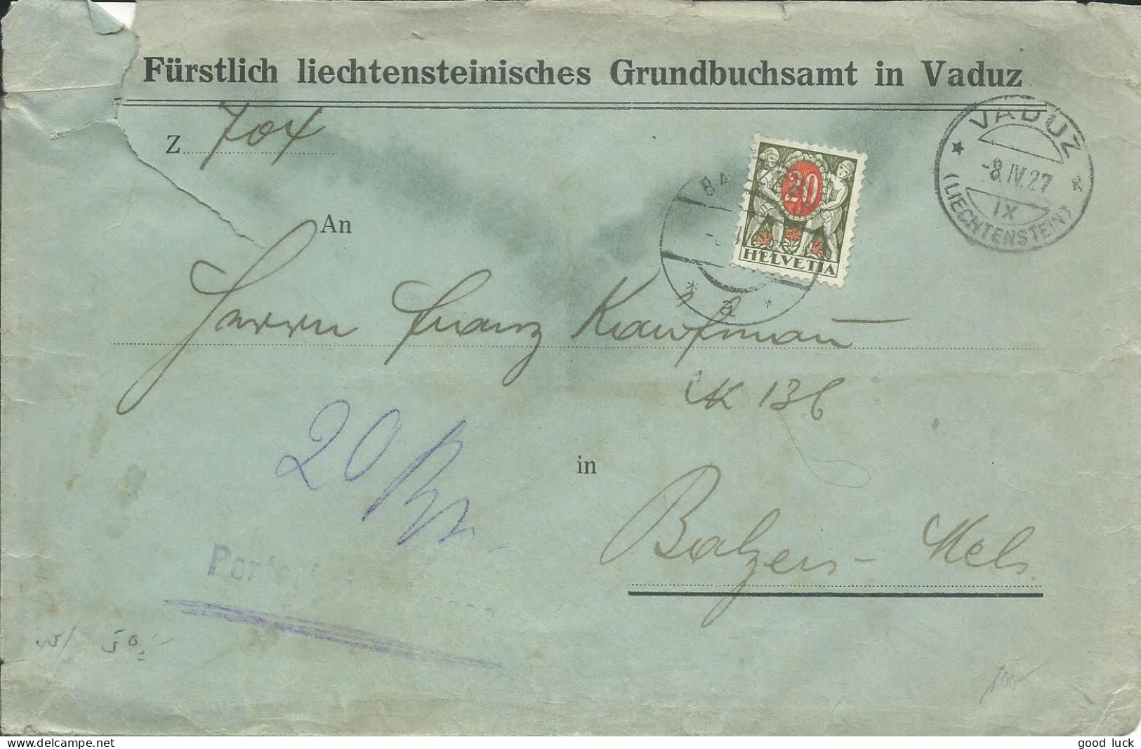 LIECHTENSTEIN LETTRE A ENTETE SANS TIMBRE  DE VADUZ POUR BALE ( SUISSE ) TAXEE A L' ARRIVEE 20c DE 1927 LETTRE COVER - Cartas & Documentos