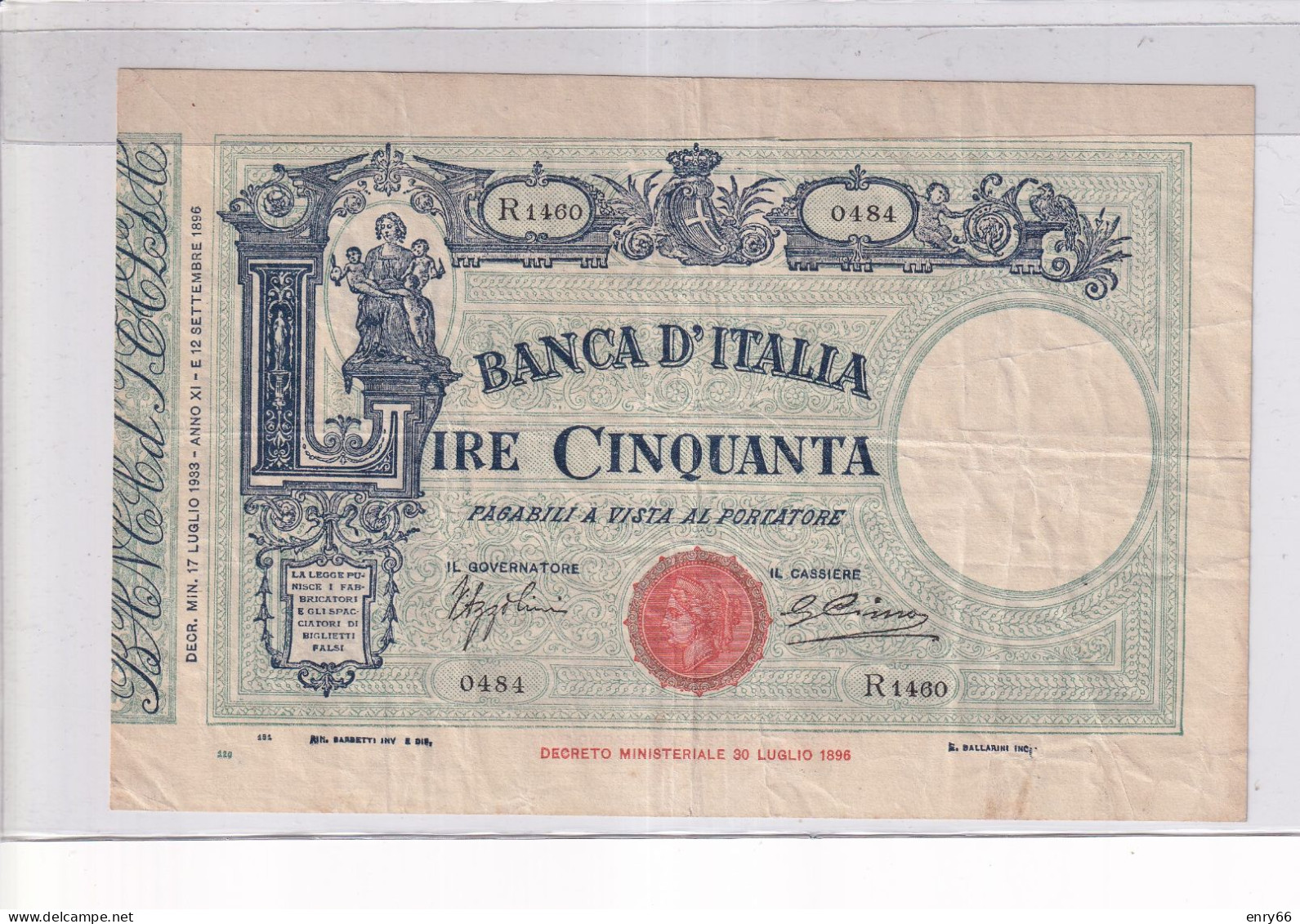 ITALIA 50 LIRE 17-7-1933 CAT 5/21 - 50 Liras