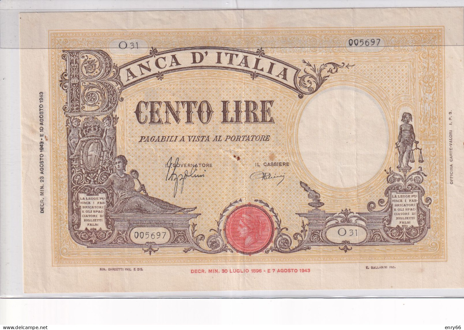 ITALIA 50 LIRE 23-8-1943 CAT 22A - 100 Liras