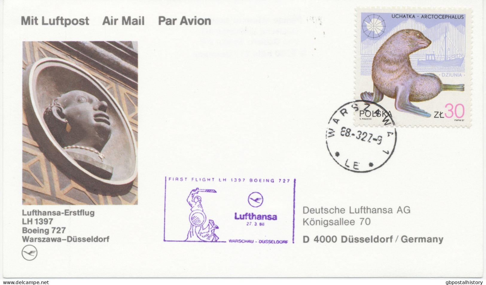 POLEN 1988 Erstflug Deutsche Lufthansa (LH) Mit Boeing 727 Flug LH 1397 „WARSCHAU – DÜSSELDORF“, Selt. WARSCHAU-STEMPEL - Vliegtuigen