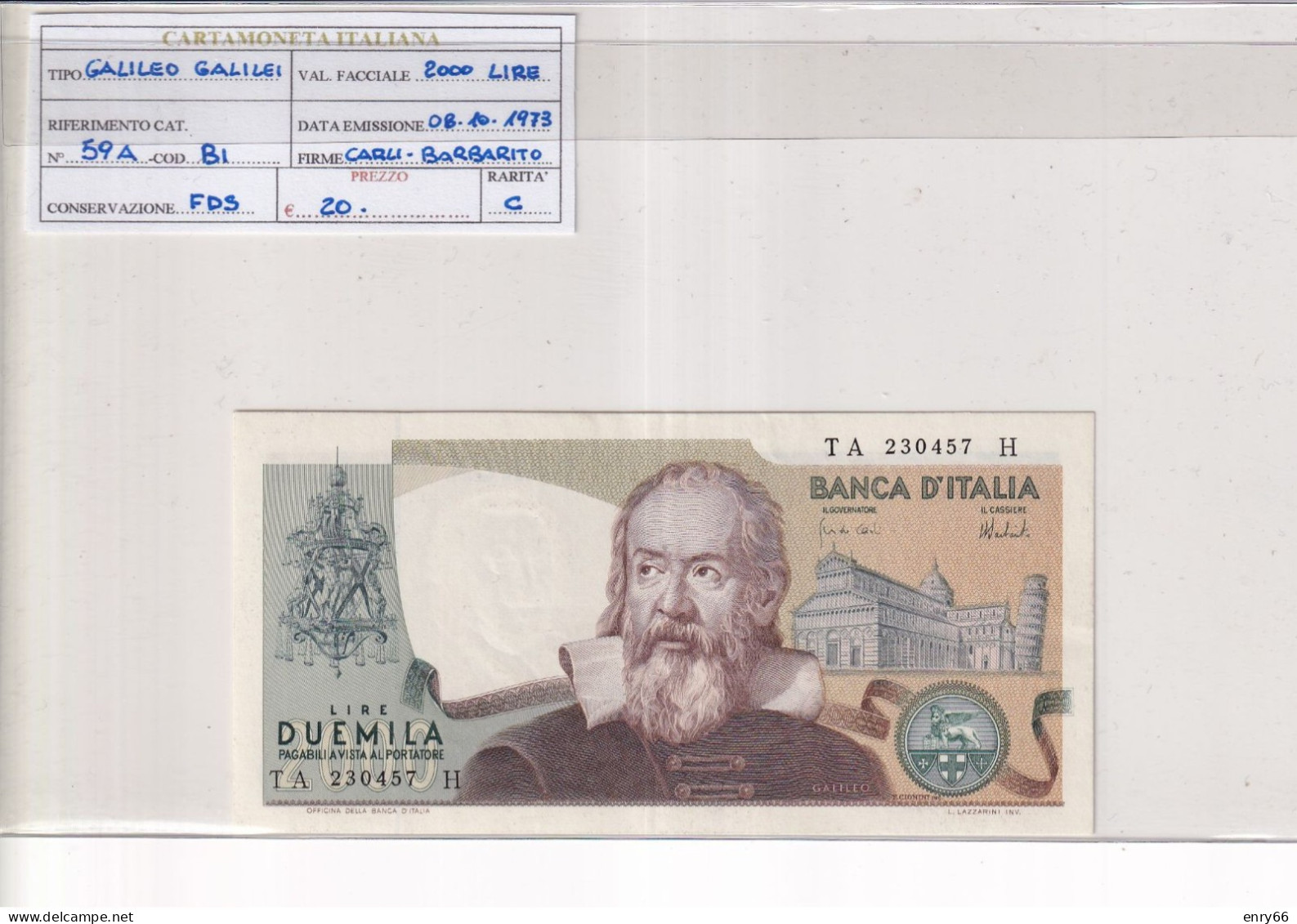 ITALIA  2000 LIRE GALILEO GALILEI 8-10-1973 CAT 59A - 2.000 Lire