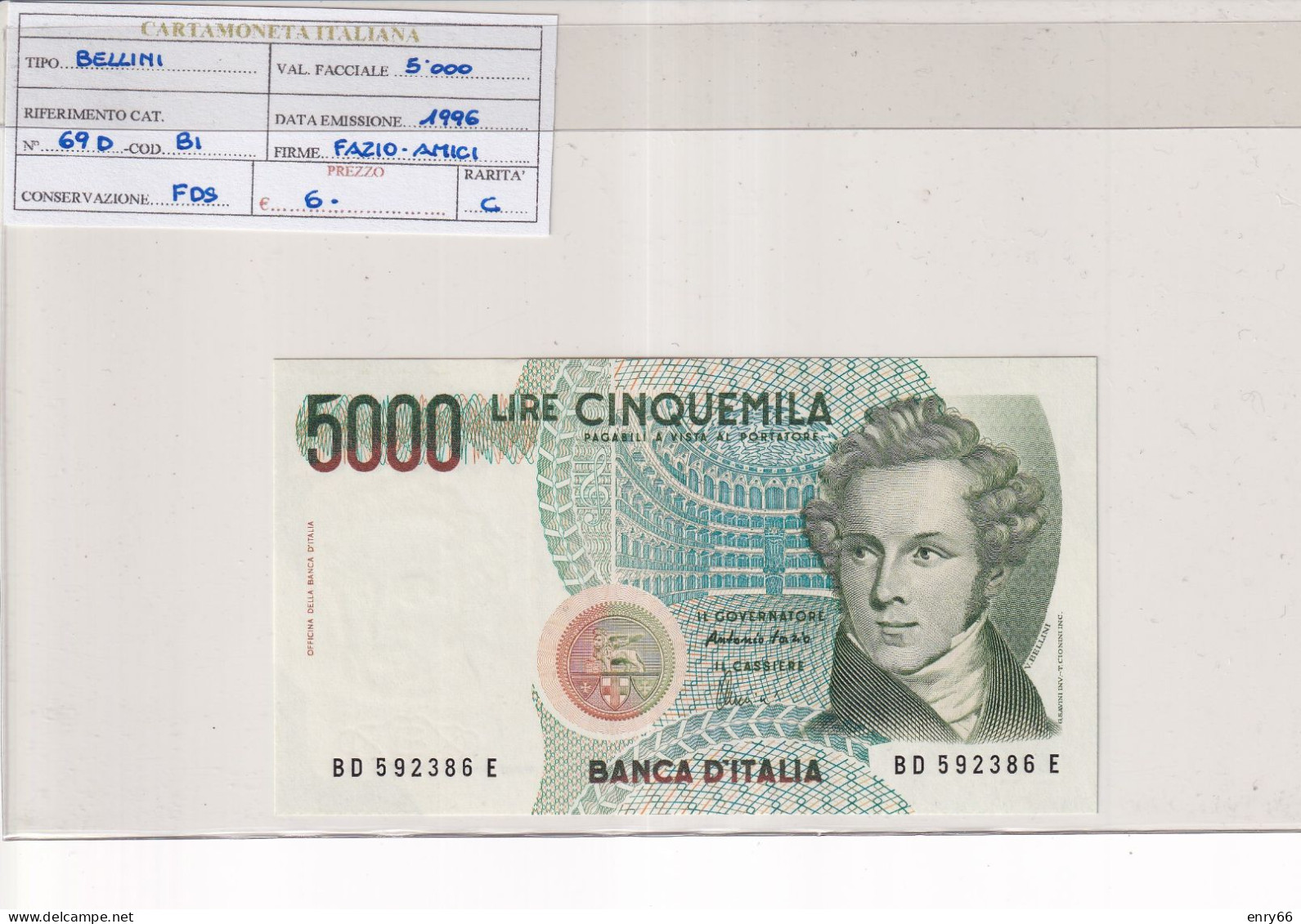 ITALIA  5000 LIRE BELLINI 1996 CAT 69D - 5.000 Lire