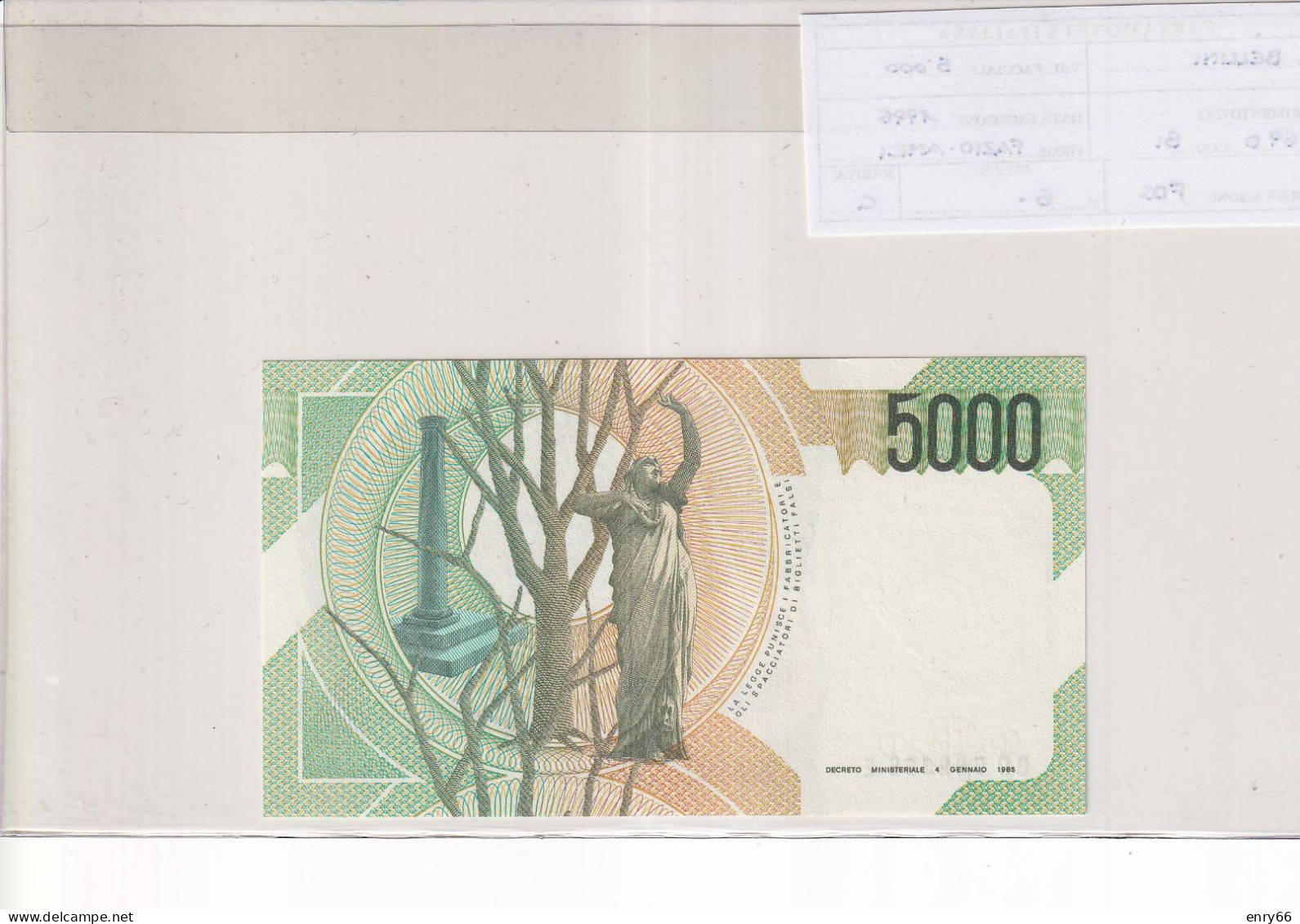 ITALIA  5000 LIRE BELLINI 1996 CAT 69D - 5000 Liras