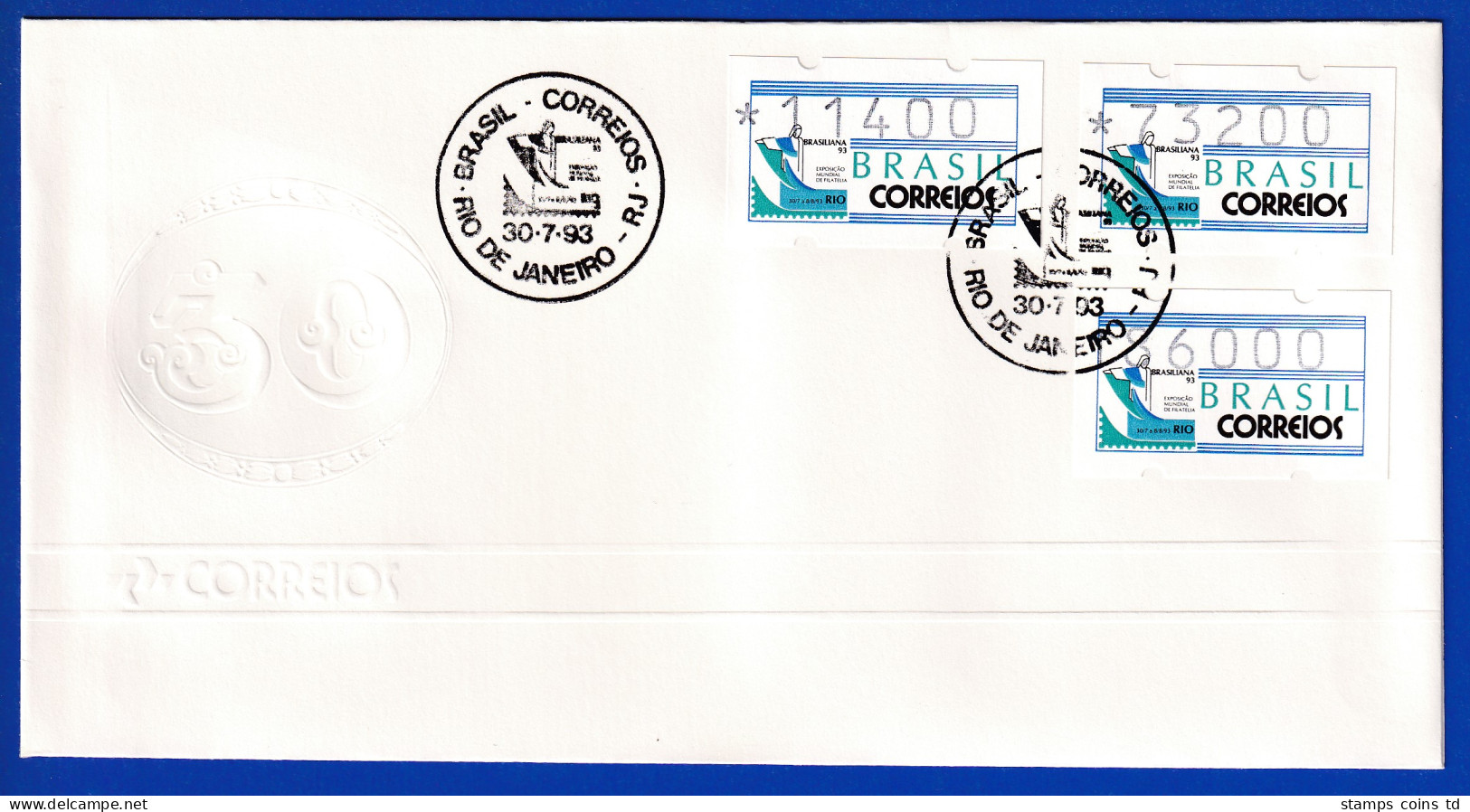 Brasilien Sonder-ATM BRASILIANA Satz 11400-73200-186000 Auf FDC 30.7.93  - Viñetas De Franqueo (Frama)