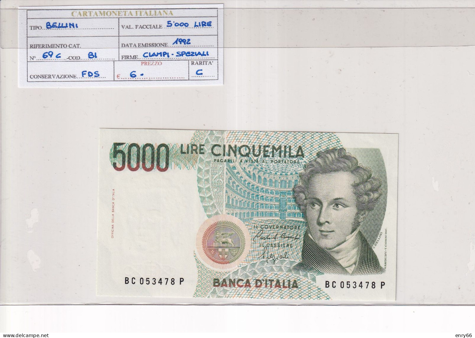 ITALIA  5000 LIRE BELLINI 1992 CAT 69C - 5000 Liras