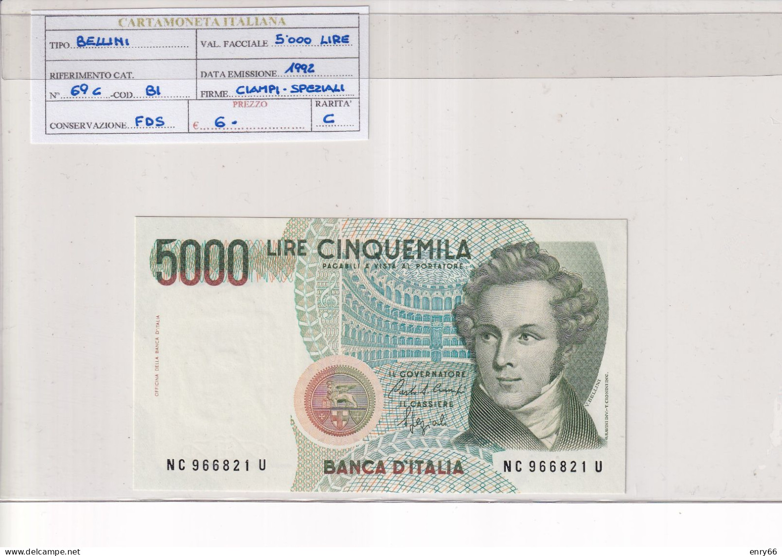 ITALIA  5000 LIRE BELLINI 1992 CAT 69C - 5.000 Lire
