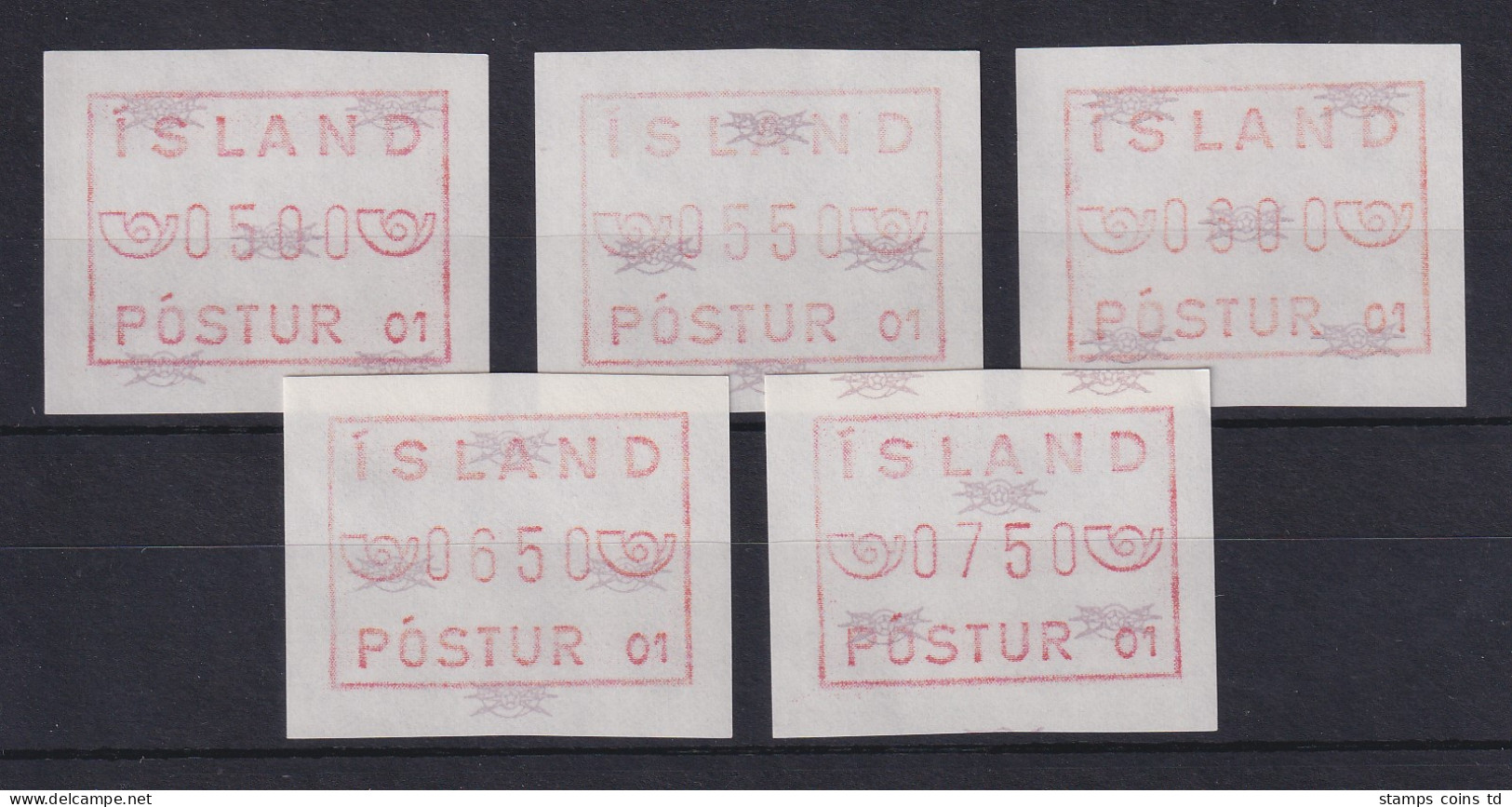 Island Frama-ATM 1.Ausgabe 1983, Aut.-Nr. 01, Mi.-Nr. 1.1.1 B Serie 5 Werte **  - Viñetas De Franqueo (Frama)