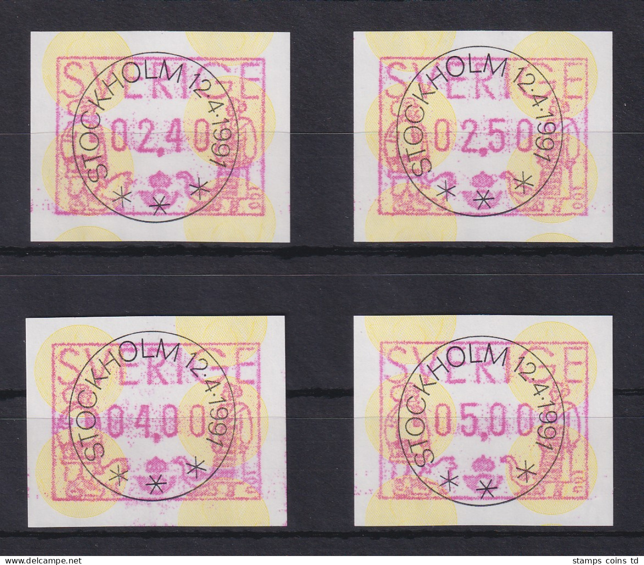 Schweden 1991 , FRAMA ATM  Mi.-Nr. 1 Satz 4 Werte 240-250-400-500 ET-O - Automaatzegels [ATM]