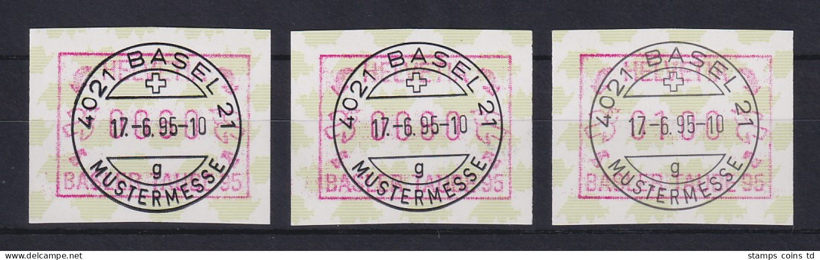 Schweiz 1995, FRAMA-ATM BASLER TAUBE '95 Mi-Nr. 6 Satz 60-80-100 ET-O - Automatenmarken