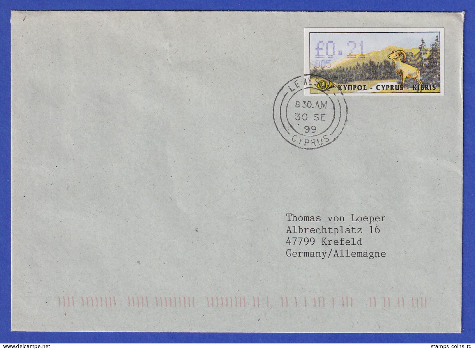 Zypern Amiel-ATM 1999 Mi-Nr. 4 Aut.-Nr.005 Wert 0,21 Auf FDC Nach D - Andere & Zonder Classificatie