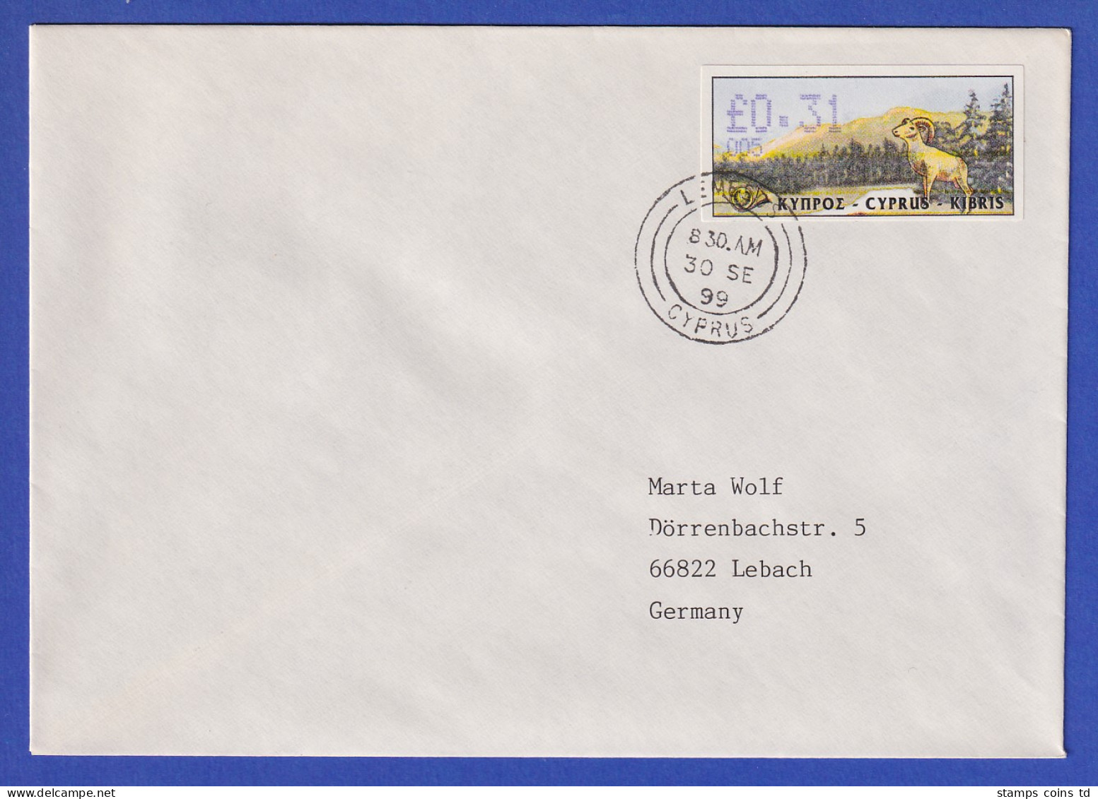 Zypern Amiel-ATM 1999 Mi-Nr. 4 Aut.-Nr.005 Wert 0,31 Auf FDC Nach Deutschland - Altri & Non Classificati