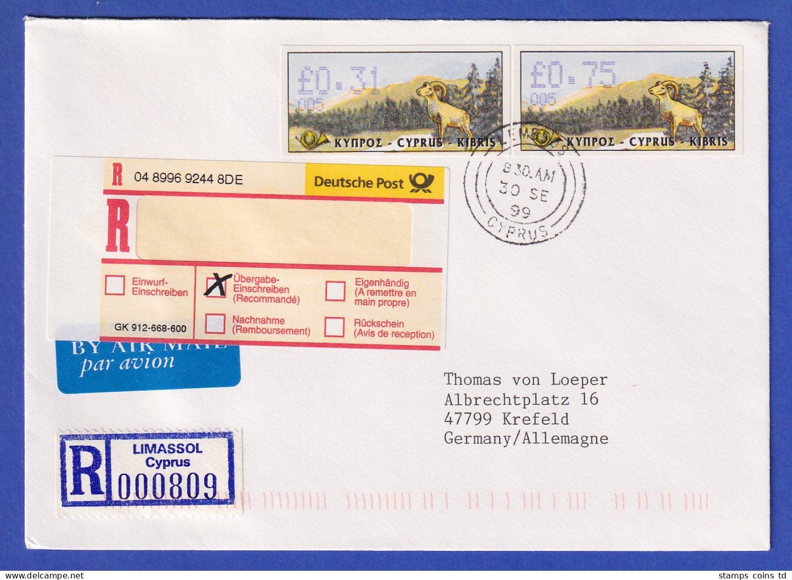 Zypern Amiel-ATM 1999 Mi-Nr. 4 Aut.-Nr.005 Werte 0,31 Und 0,75 Auf R-FDC Nach D - Andere & Zonder Classificatie