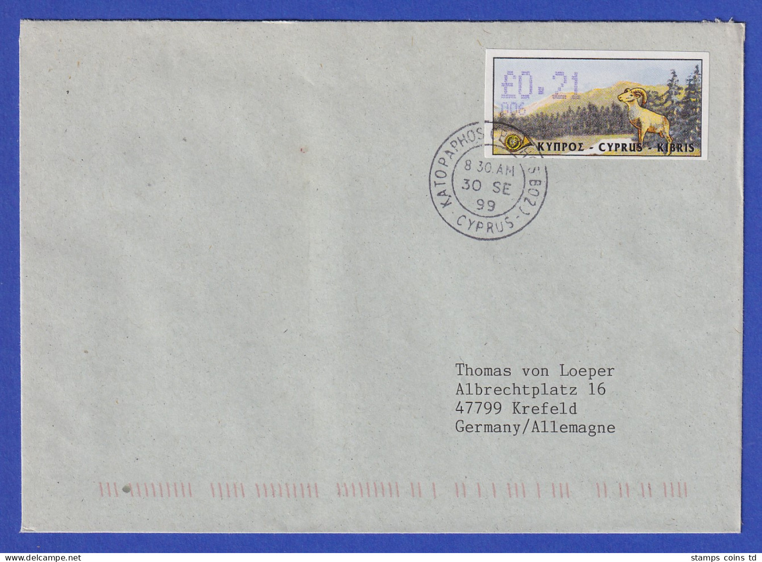 Zypern Amiel-ATM 1999 Mi-Nr. 4 Aut.-Nr.006 Wert 0,21 Auf FDC Nach D - Andere & Zonder Classificatie