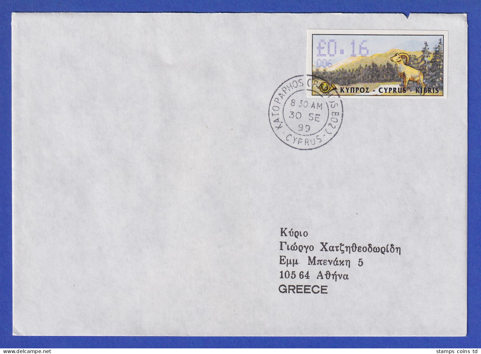 Zypern Amiel-ATM 1999 Mi-Nr. 4 Aut.-Nr.006 Wert 0,16 Auf FDC Nach GR - Altri & Non Classificati