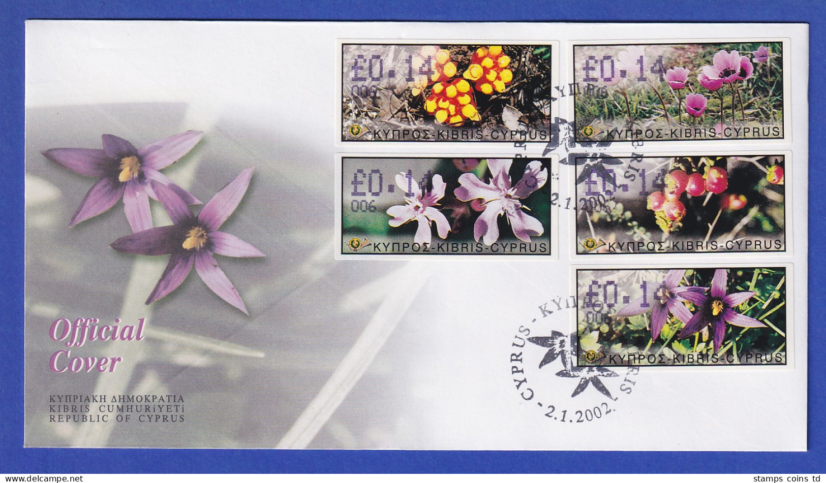 Zypern Amiel-ATM 2002 Blumen Mi-Nr. 5-9 Mit Aut.-Nr. 006 Auf Offiz. FDC  - Andere & Zonder Classificatie