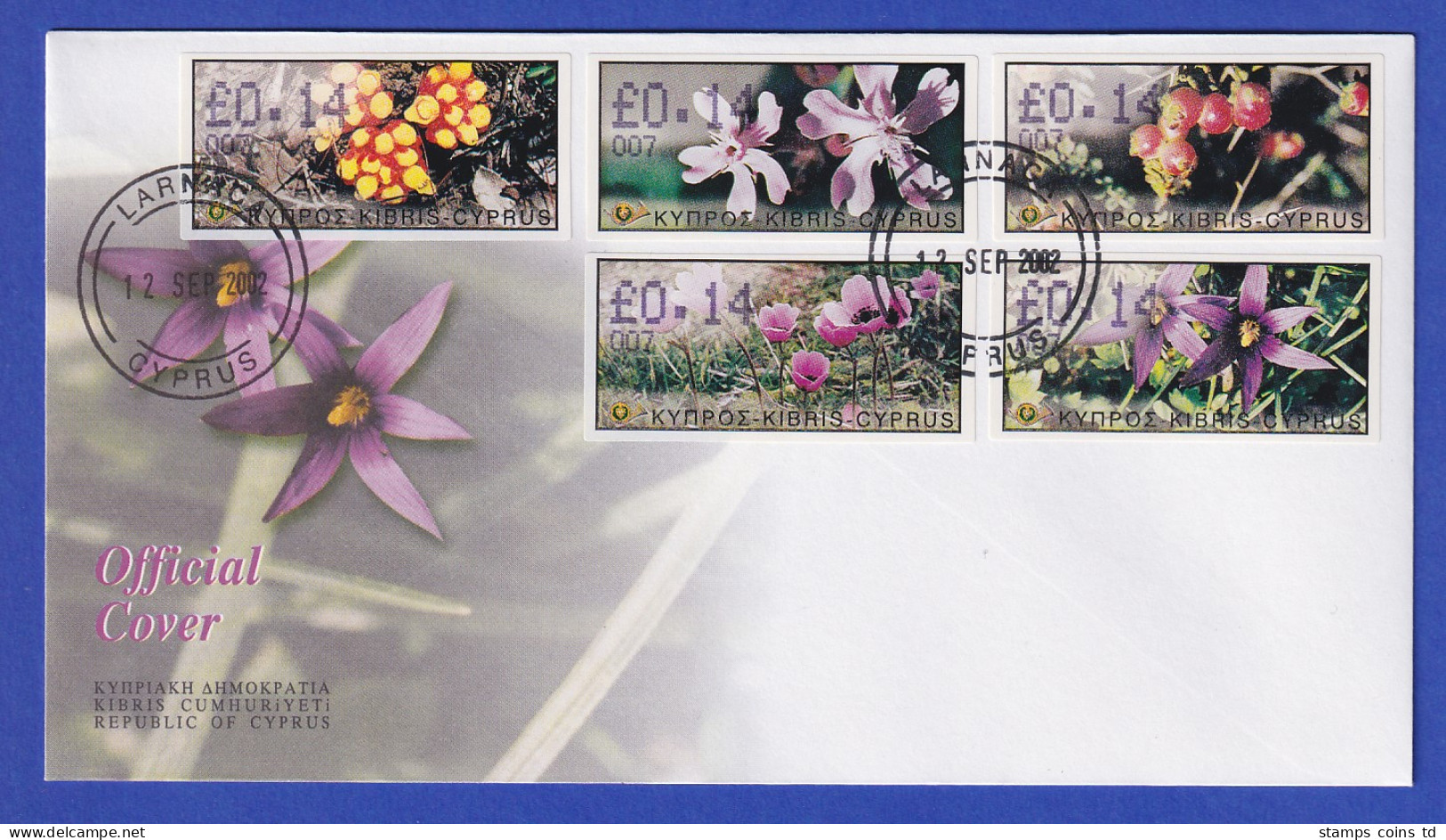 Zypern Amiel-ATM 2002 Blumen Mi-Nr. 5-9 Mit Aut.-Nr. 007 Auf Offiz. FDC  - Other & Unclassified