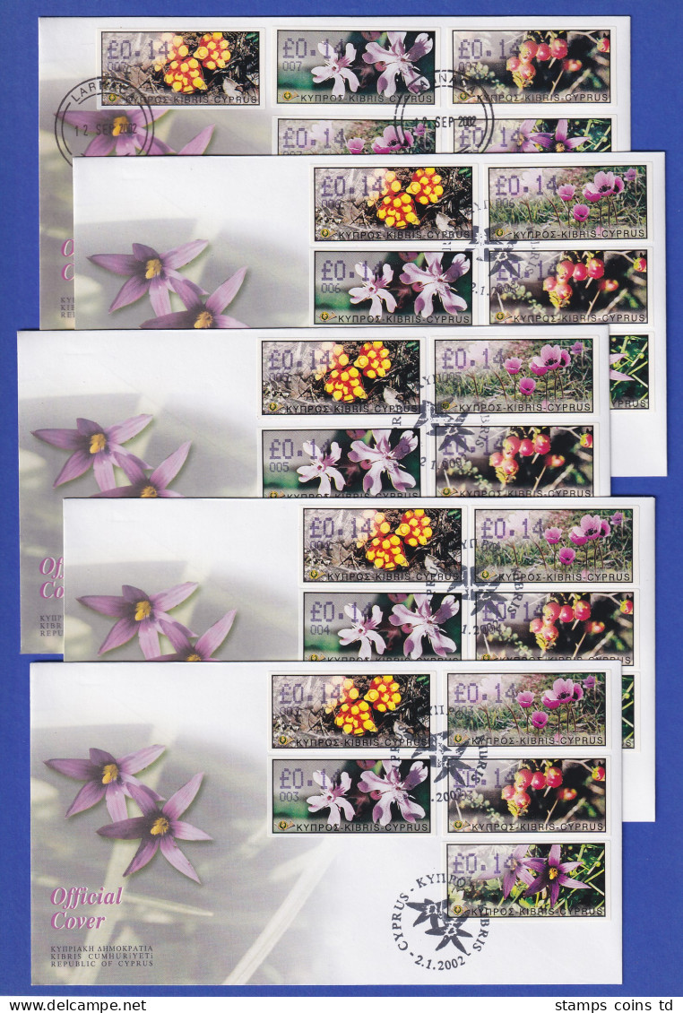 Zypern Amiel-ATM 2002 Blumen Mi-Nr. 5-9 Je Ein FDC Aller 5 Aut.-Nr. 003-007  - Otros & Sin Clasificación