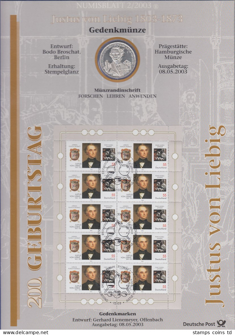 Bundesrepublik Numisblatt 2/2003 Justus Von Liebig Mit 10-Euro-Silbermünze - Collections