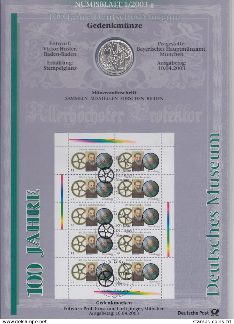 Bundesrepublik Numisblatt 1/2003 Deutsches Museum Mit 10-Euro-Silbermünze - Collezioni