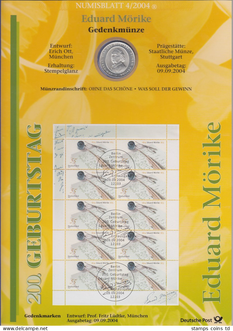 Bundesrepublik Numisblatt 4/2004 Eduard Mörike Mit 10-Euro-Silbermünze - Sammlungen