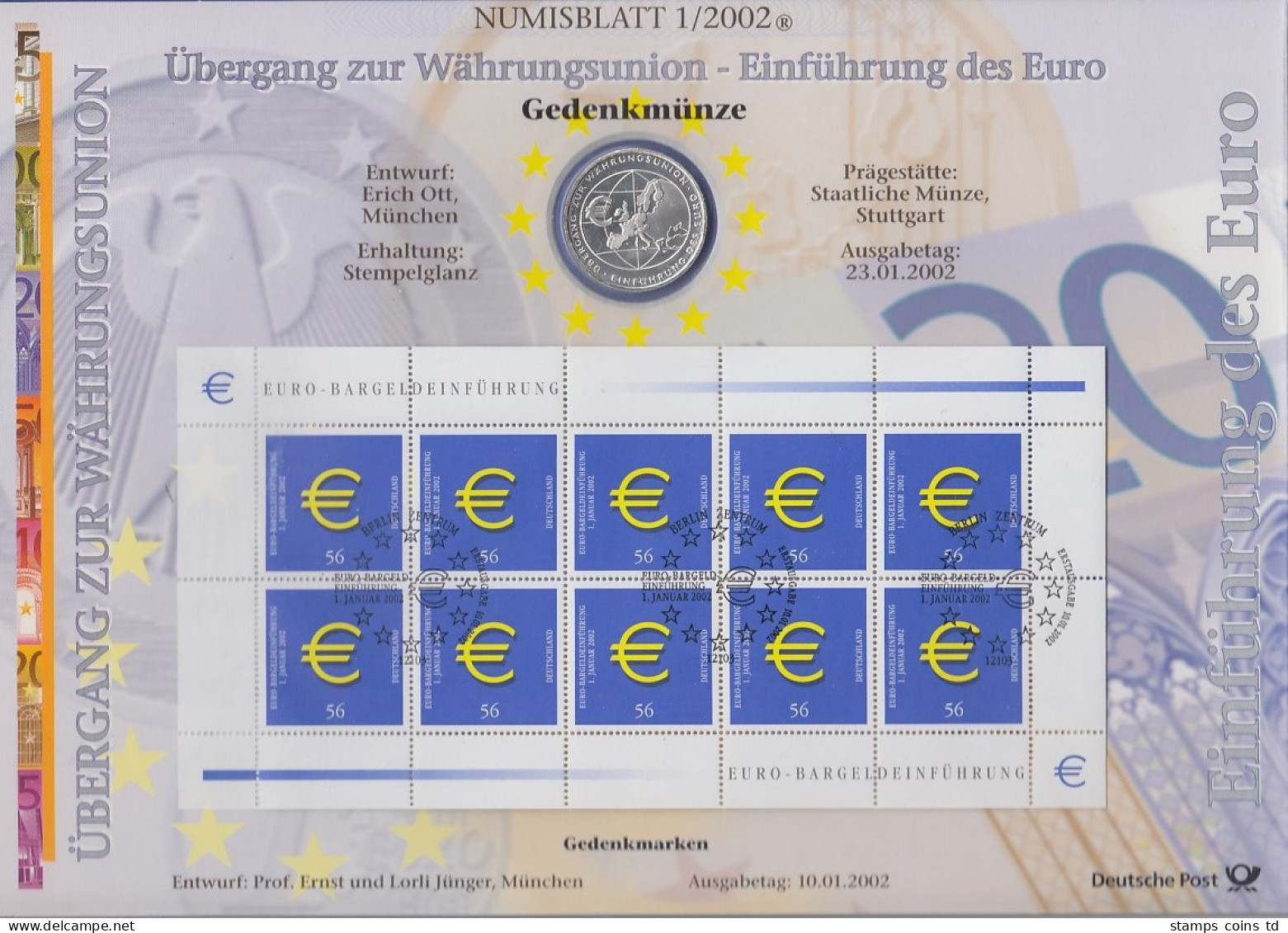 Bundesrepublik Numisblatt 1/2002 Euro-Einführung Mit 10-Euro-Silbermünze - Verzamelingen