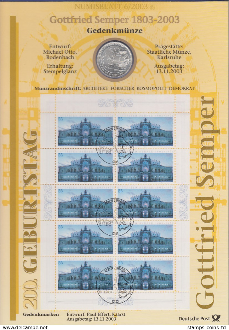 Bundesrepublik Numisblatt 6/2003 Semperoper Dresden Mit 10-Euro-Silbermünze - Collections