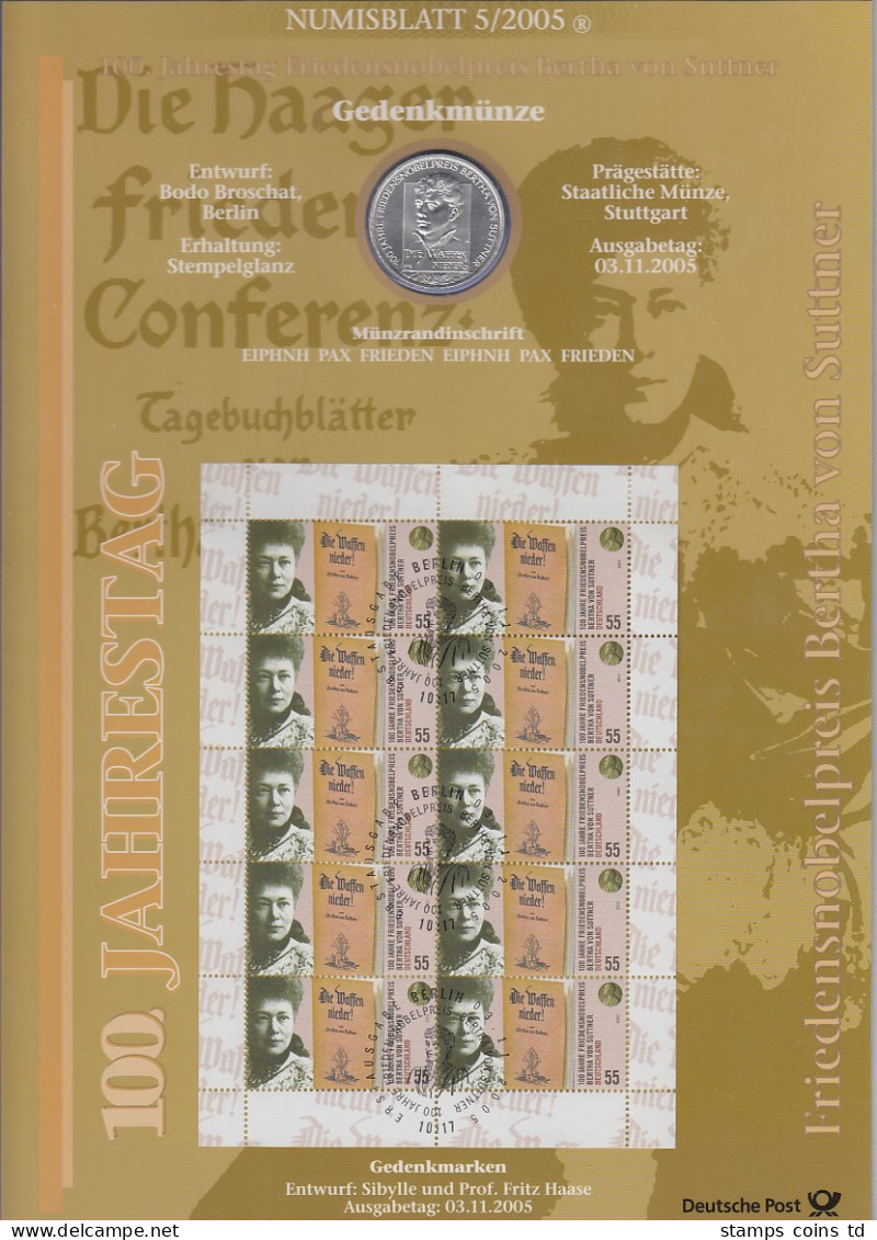 Bundesrepublik Numisblatt 5/2005 Bertha Von Suttner Mit 10-Euro-Silbermünze - Verzamelingen
