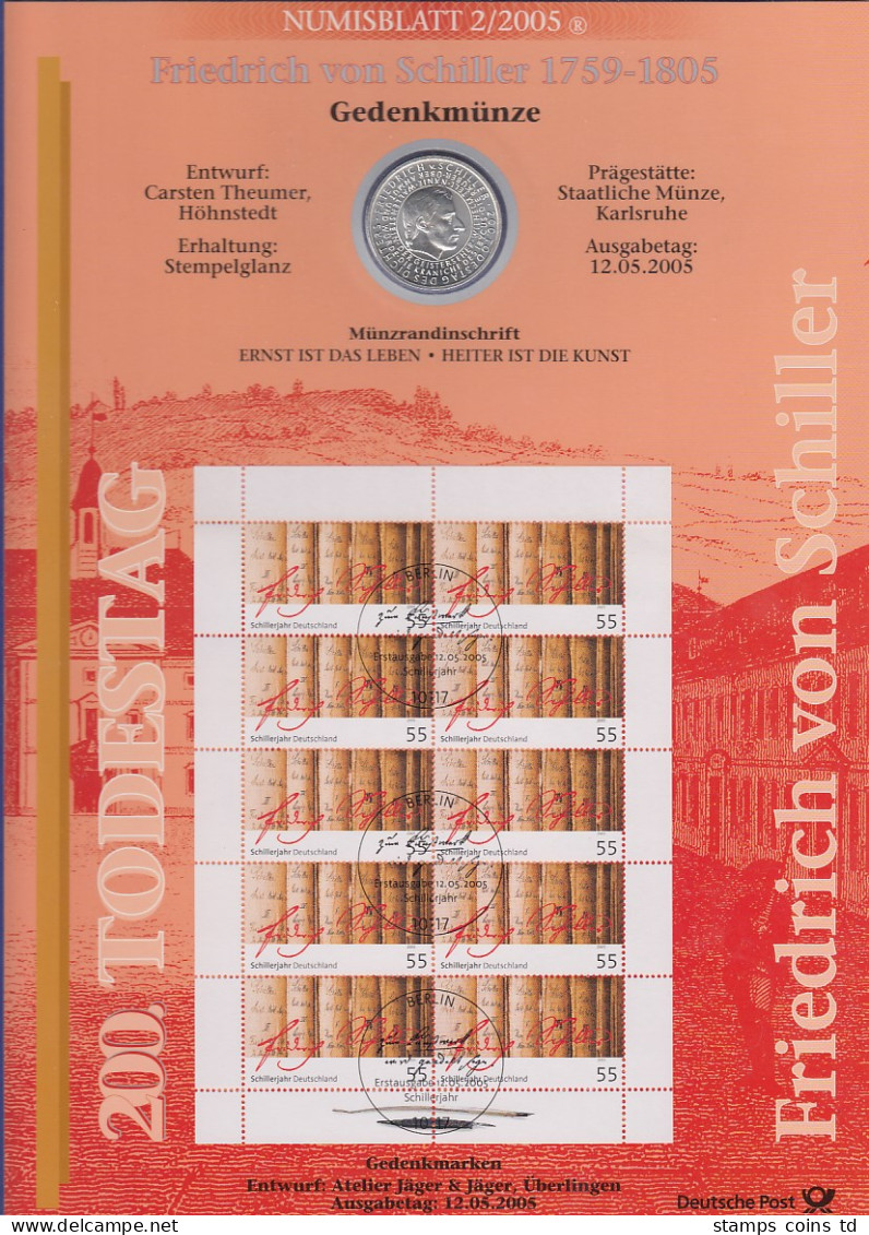 Bundesrepublik Numisblatt 2/2005 Friedrich Schiller Mit 10-Euro-Silbermünze - Verzamelingen