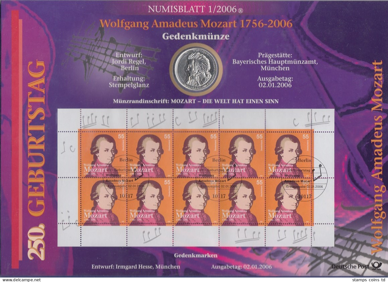 Bundesrepublik Numisblatt 1/2006 Mozart Mit 10-Euro-Silbermünze - Verzamelingen