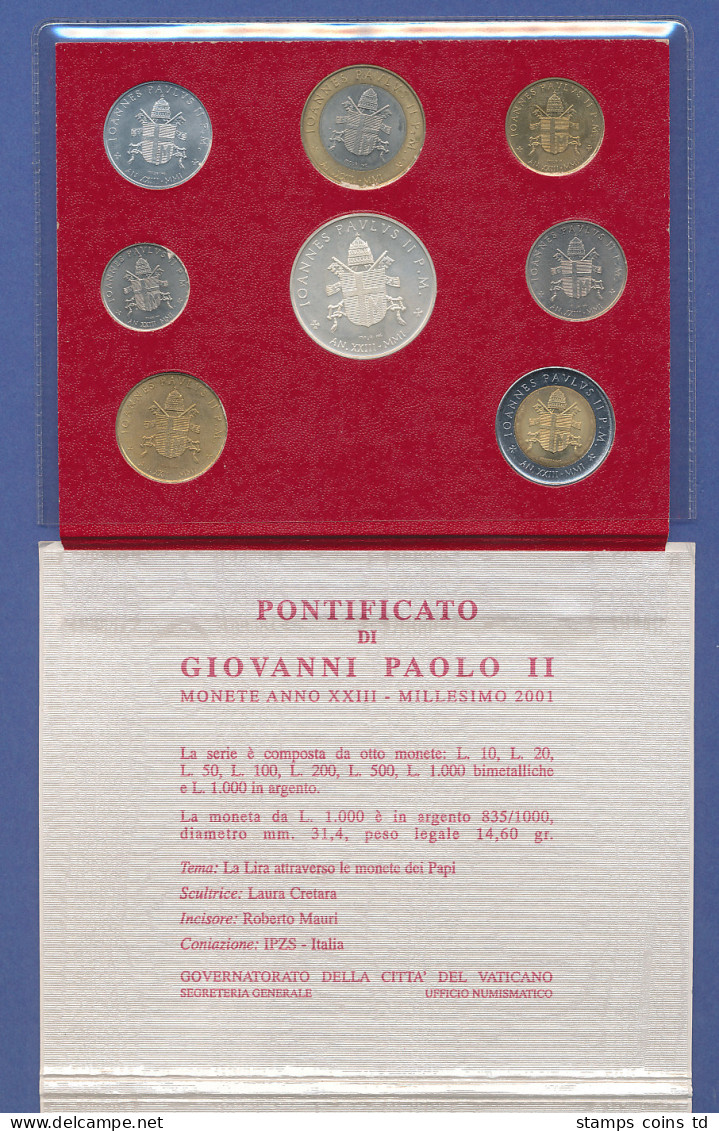 Vatikan Letzter Lira-Kursmünzensatz 2001, 8 Münzen Im Folder, Versch. Päpste. - Vatican