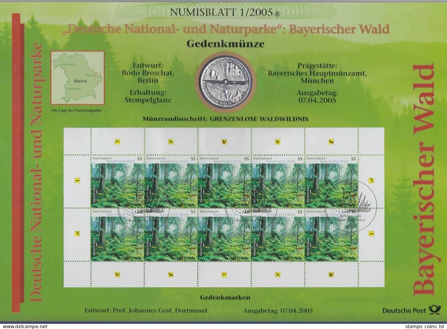 Bundesrepublik Numisblatt 1/2005 Bayerischer Wald Mit 10-Euro-Silbermünze - Collections