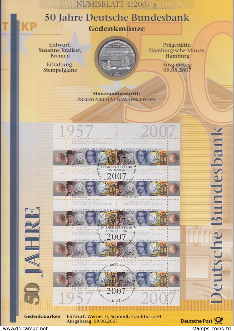 Bundesrepublik Numisblatt 4/2007 Deutsche Bundesbank Mit 10-Euro-Silbermünze - Verzamelingen