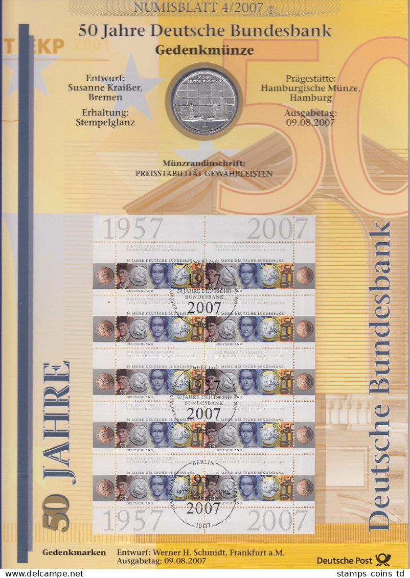 Bundesrepublik Numisblatt 4/2007 Deutsche Bundesbank Mit 10-Euro-Silbermünze - Collections