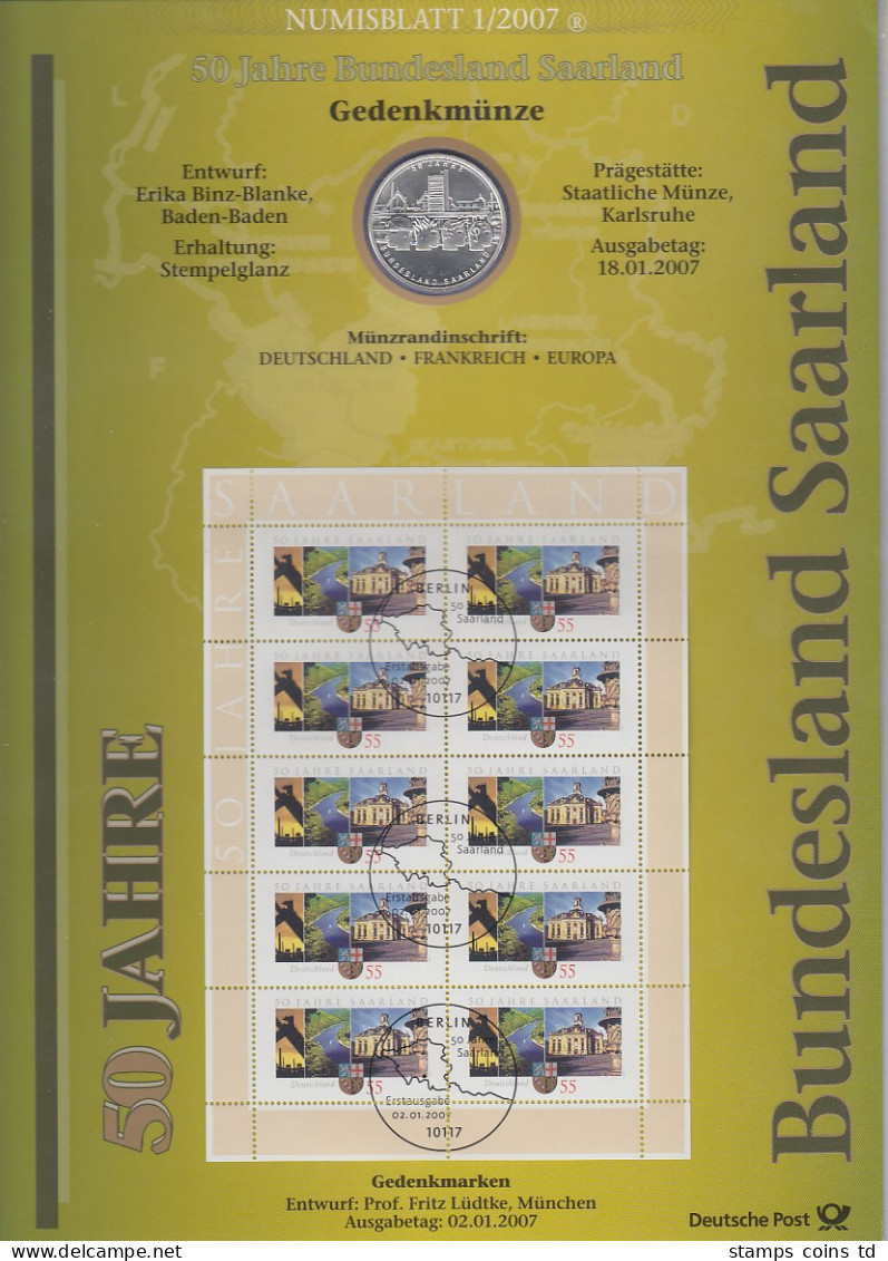 Bundesrepublik Numisblatt 1/2007 Bundesland Saarland Mit 10-Euro-Silbermünze - Verzamelingen