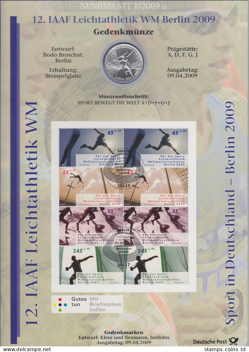 Bundesrepublik Numisblatt 1/2009 Leichtathletik WM Mit 10-Euro-Silbermünze - Verzamelingen