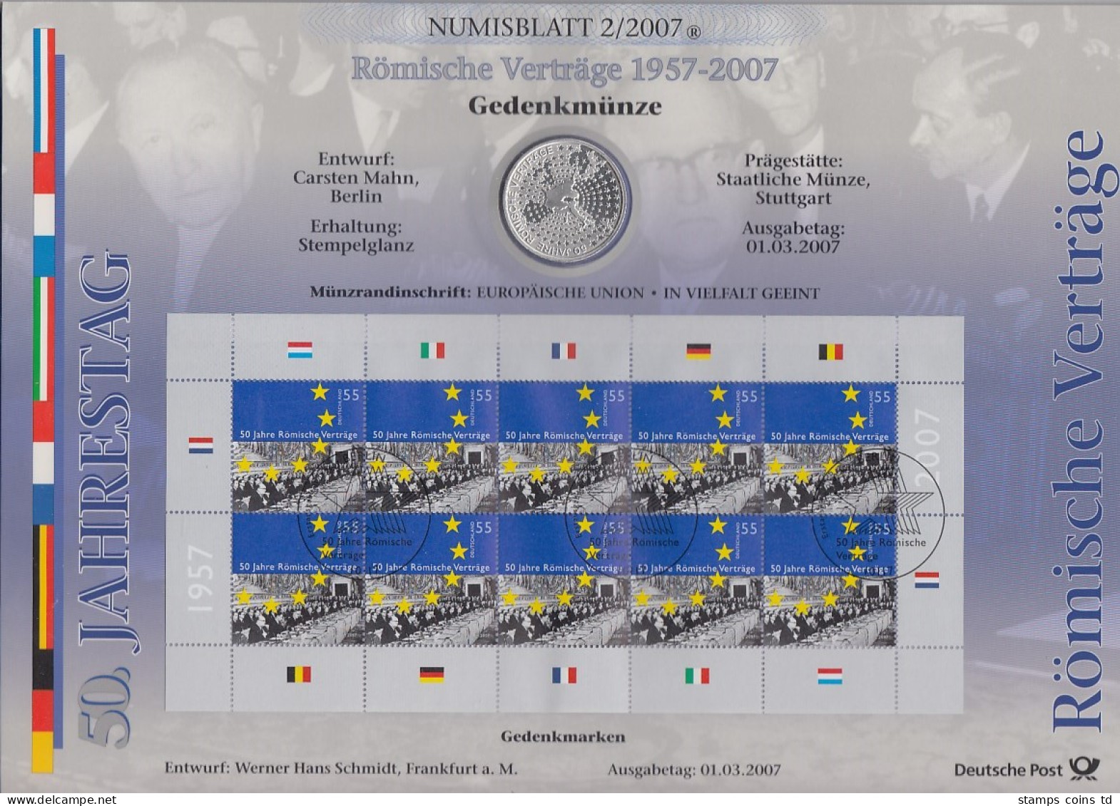 Bundesrepublik Numisblatt 2/2007 Römische Verträge Mit 10-Euro-Silbermünze - Verzamelingen