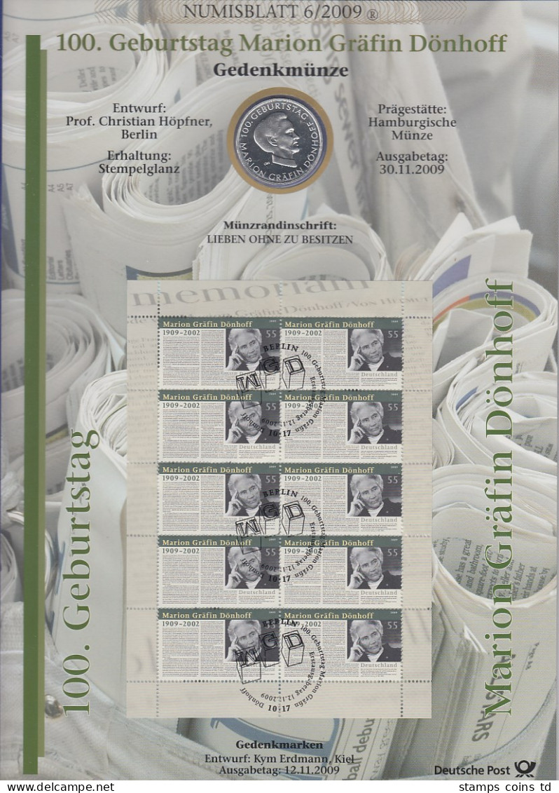 Bundesrepublik Numisblatt 6/2009 Marion Gräfin Dönhoff Mit 10-Euro-Silbermünze - Collezioni