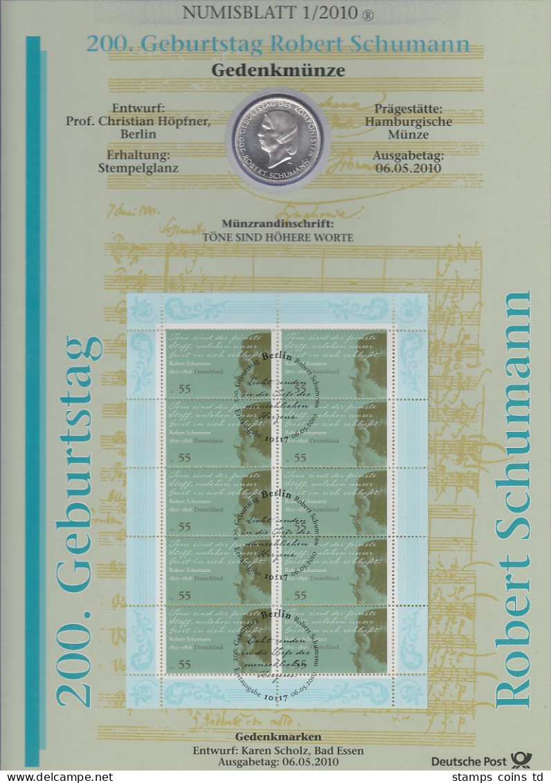 Bundesrepublik Numisblatt 1/2010 Robert Schumann Mit 10-Euro-Silbermünze - Collections