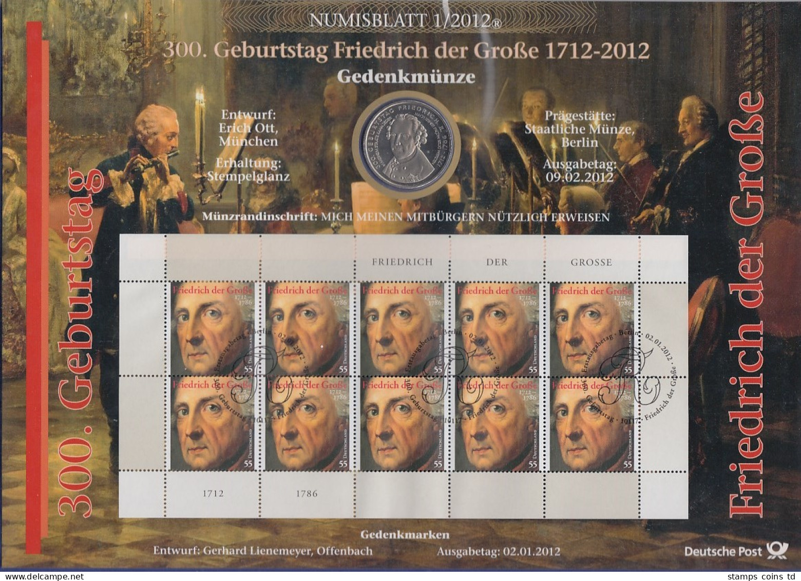 Bundesrepublik Numisblatt 1/2012 Friedrich Der Große Mit 10-Euro-Gedenkmünze - Verzamelingen