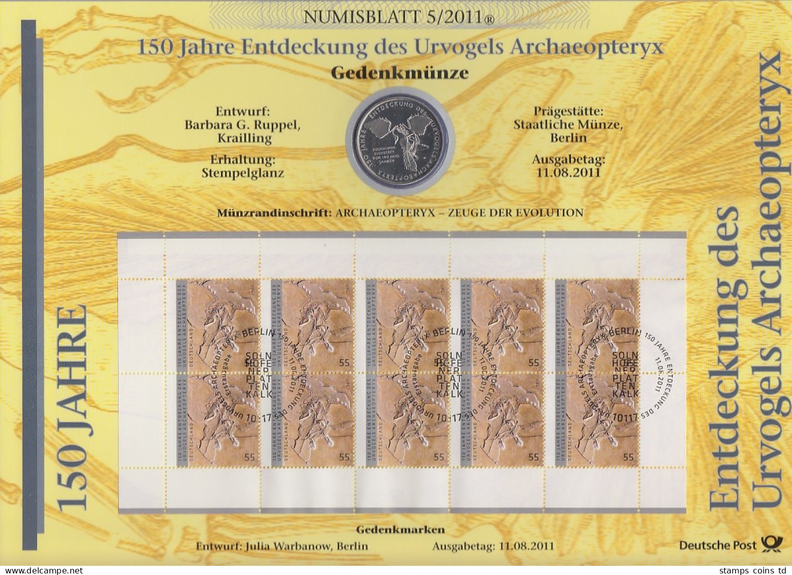 Bundesrepublik Numisblatt 5/2011 Archaeopteryx Mit 10-Euro-Gedenkmünze - Verzamelingen