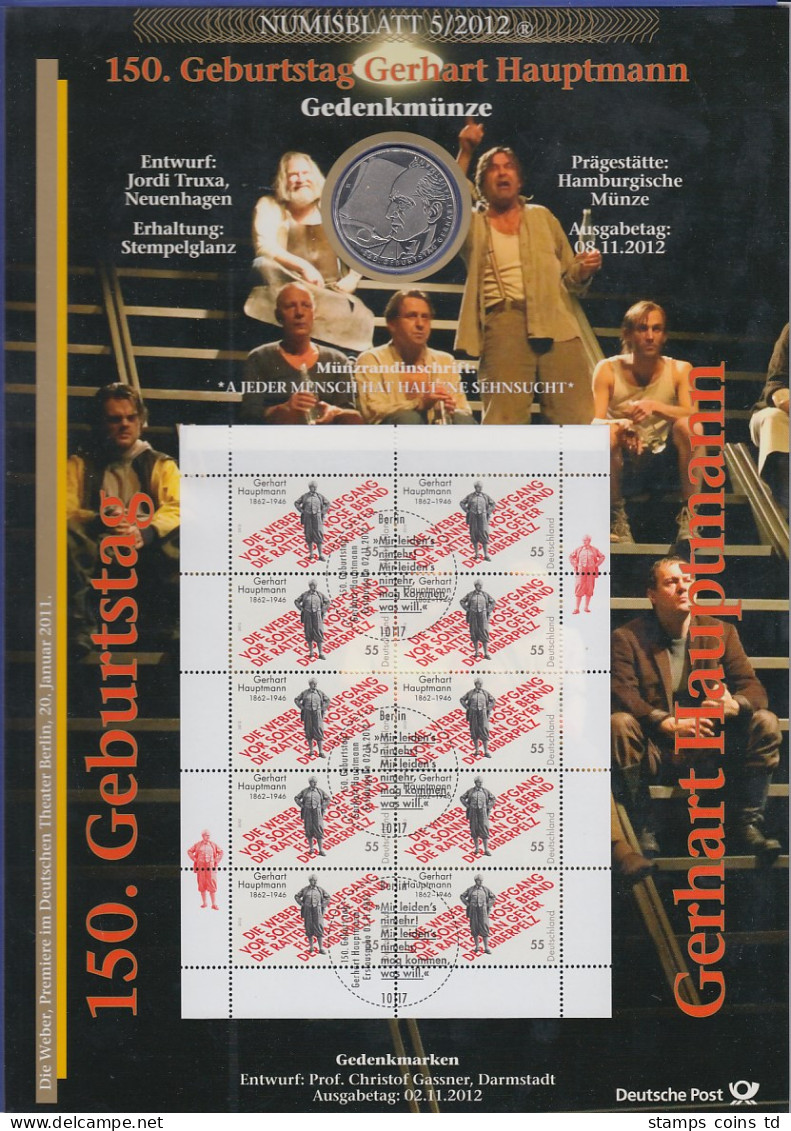 Bundesrepublik Numisblatt 5/2012 Gerhart Hauptmann Mit 10-Euro-Gedenkmünze - Collezioni