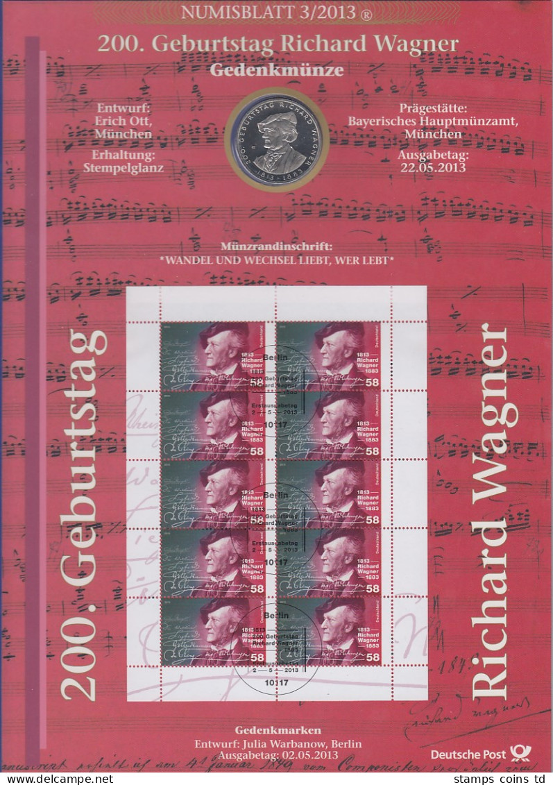 Bundesrepublik Numisblatt 3/2013 Richard Wagner Mit 10-Euro-Gedenkmünze - Collezioni