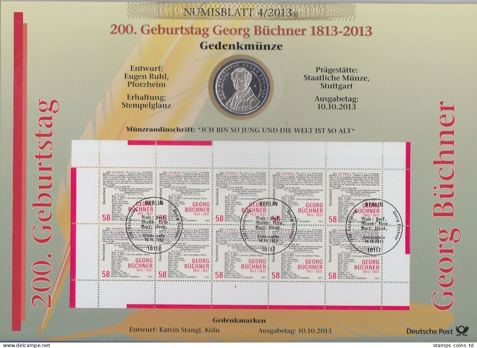 Bundesrepublik Numisblatt 4/2013 Georg Büchner Mit 10-Euro-Gedenkmünze - Verzamelingen