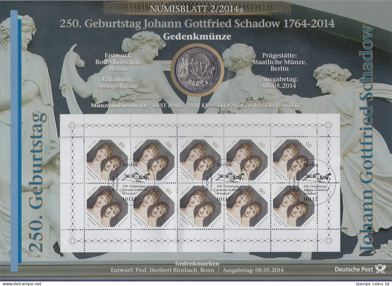Bundesrepublik Numisblatt 2/2014 J. Gottfried Schadow Mit 10-Euro-Gedenkmünze - Verzamelingen