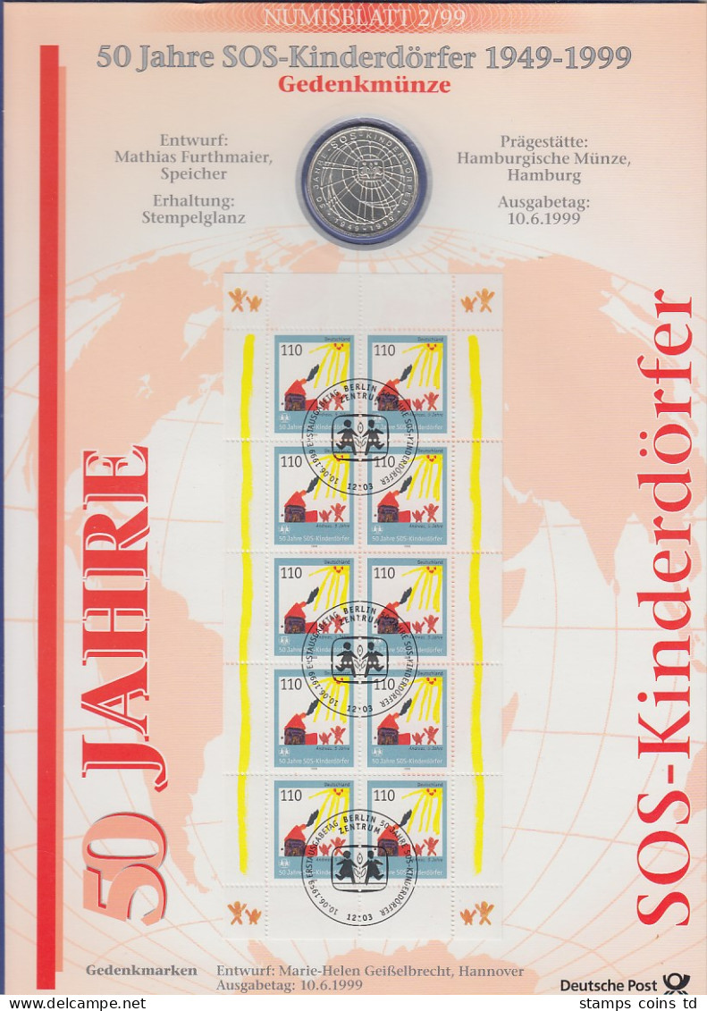 Bundesrepublik Numisblatt 2/1999 50 Jahre SOS-Kinderdörfer Mit 10-DM-Silbermünze - Verzamelingen