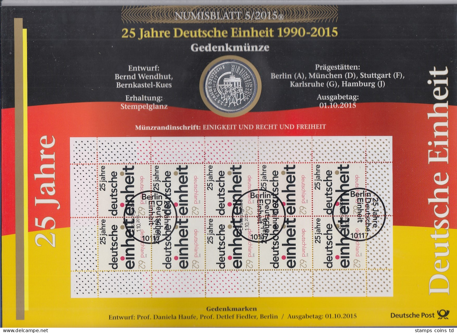 Bundesrepublik Numisblatt 5/2015  Deutsche Einheit  Mit 25-Euro-Gedenkmünze - Verzamelingen