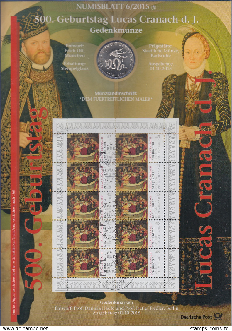 Bundesrepublik Numisblatt 6/2015 Lucas Cranach Mit 10-Euro-Gedenkmünze - Verzamelingen